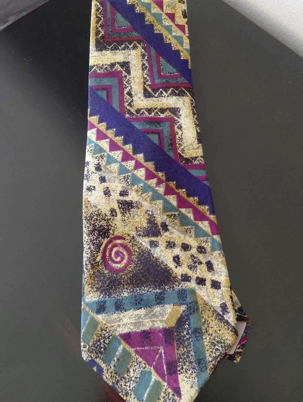 Dior Mens Geometric Purple Teal Gold Patterned Silk Tie